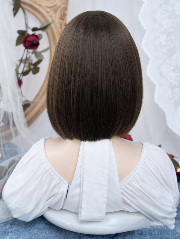 12 głęboki brąz peruki syntetyczne Cal Lolita z krótkim naturalne proste włosy peruką dla kobiet do codziennego użytku Cosplay odporny na ciepło