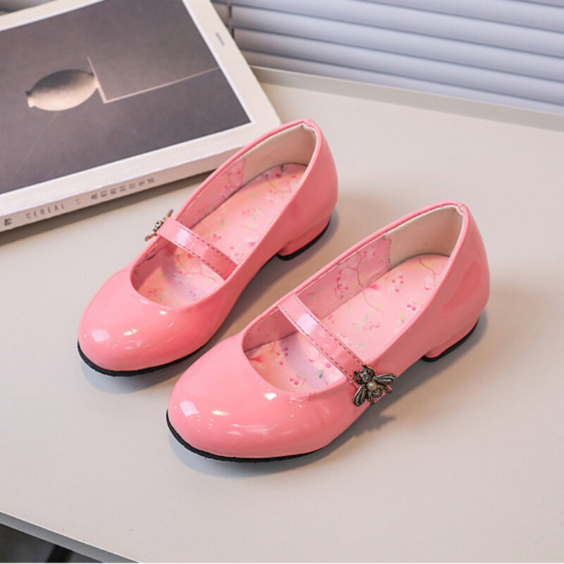 Girl's High Heel Shoes Glossy PU Kids Leather Shoe Spring Autumn Elegant Children Princess Shoes for Wedding Party Versatile