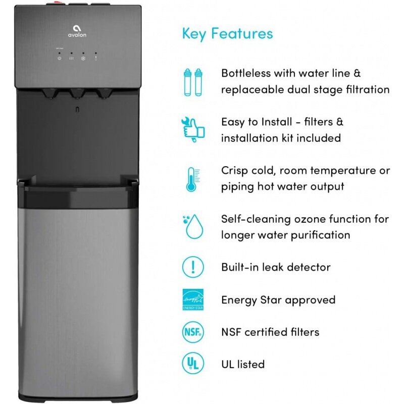Avalon-Auto-Limpeza Bottleless Água Cooler Dispenser, UL, NSF Filtros Certificados, Aço Inoxidável Preto, Full Size, A5Blk