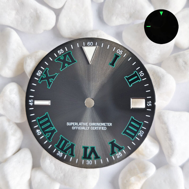 発光時計と日付ダイヤル、ローマ数字、緑、nh35ムーブメント、アクセサリー、サイズ28.5mm