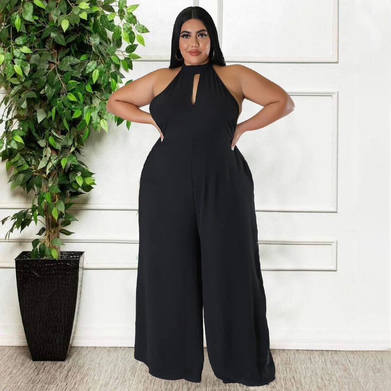 Plus Size Women 4xl Jumpsuit Halter Solid One Piece Outfit Casual Sleeveless Club Jumpsuit Summer Lady Wide Leg Pant Wholesale