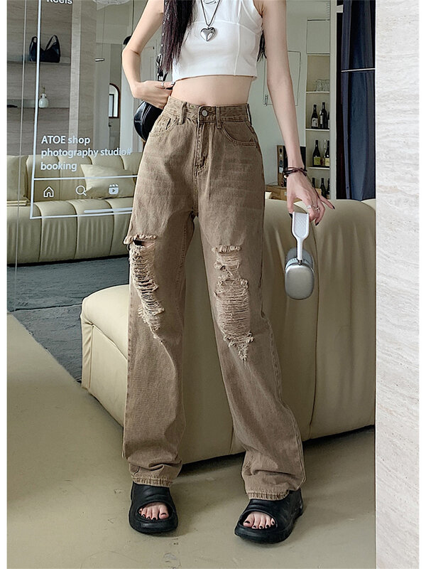 Женские рваные джинсы, мешковатые джинсы в стиле Харадзюку, уличная одежда, джинсовые брюки в Корейском стиле, Y2k, винтажные джинсовые брюки, одежда в стиле 1920-х, 2000