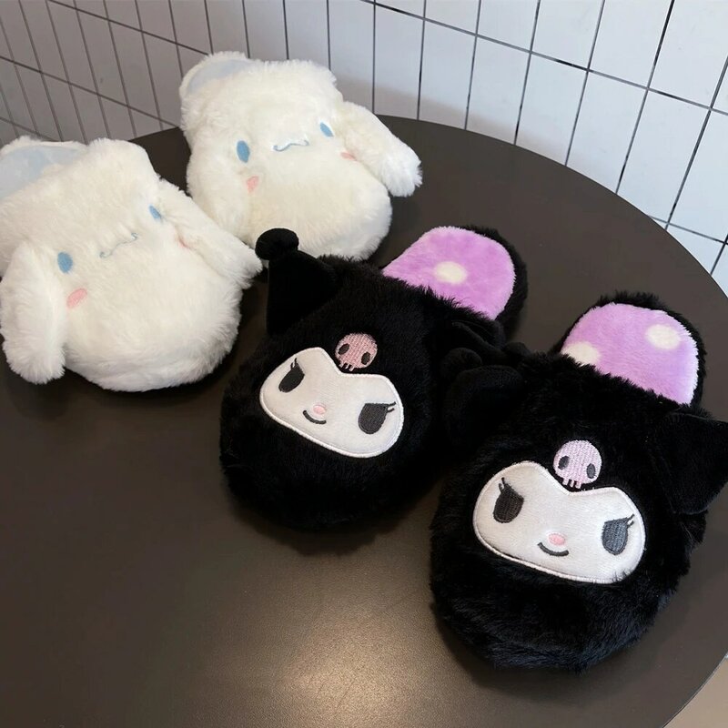 Kuromi-Zapatillas de felpa de dibujos animados My Melody Sanrio para niña, pantuflas de piso cálidas para interiores, zapatos planos informales antideslizantes para el hogar, Invierno