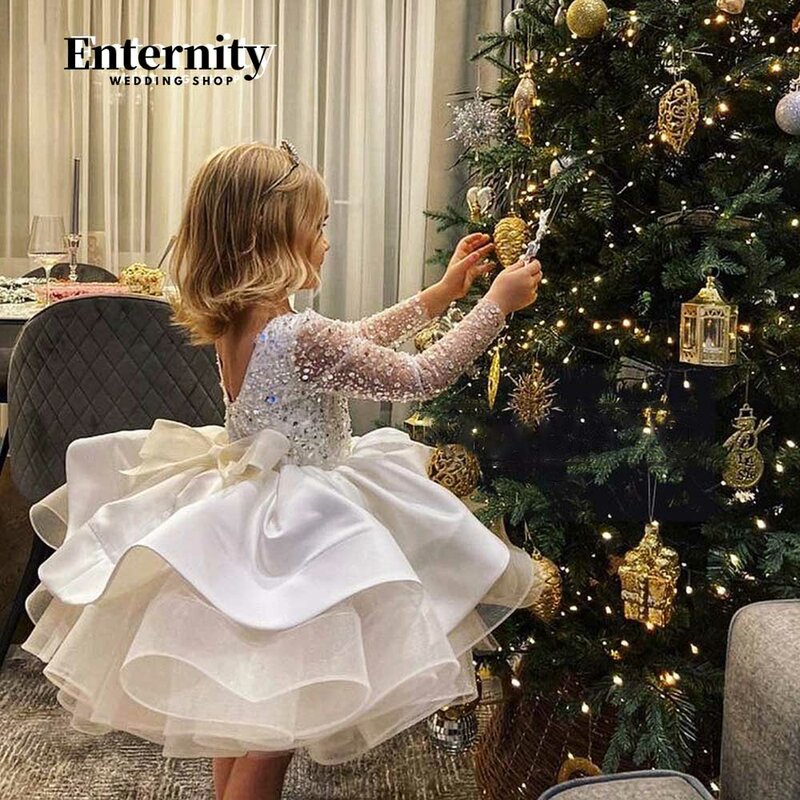 Sparkly Dresses Fold Illusion Sleeves Lovely Baby Little Girl Belt Bows Ball Gown Knee-length Open Back Vestidos Para Niñas