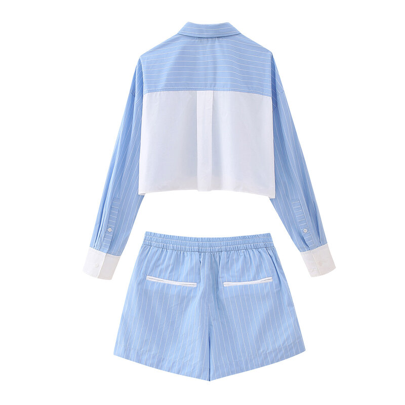 Autumn New European and American Striped Poplin Short Shirts and Shorts
