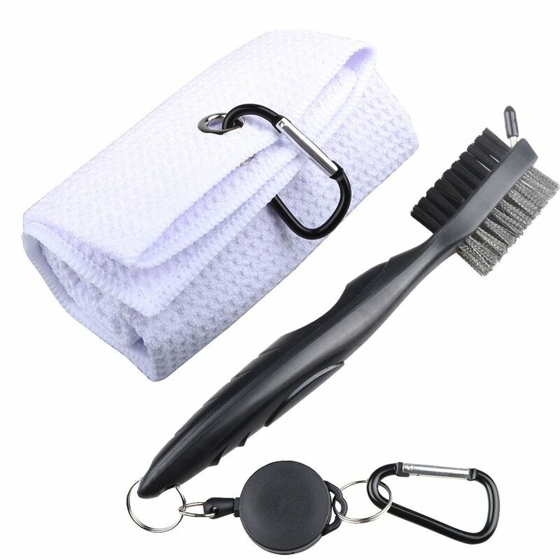 Microfibra Material Golf Cleaning Set, Toalha e escova, Escova de limpeza dupla face, Head Groove Cleaner, Gancho Presente