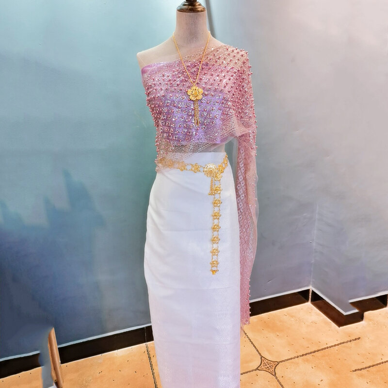 2023 Baru Di Musim Panas Wanita Selendang Tanpa Tali Atasan dan Rok Set Lima Buah Gaun Panjang Ao Dai Thai Pha Sin Tradisional Vietnam