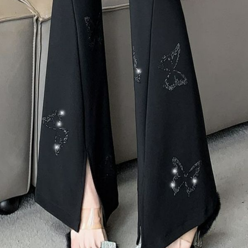 Koreaanse Zomer Nieuwe Mode Split Flare Pak Broek Vrouwen Zwart Eenvoudig Diamant Vlinder Casual Veelzijdige Zwarte Rechte Broek
