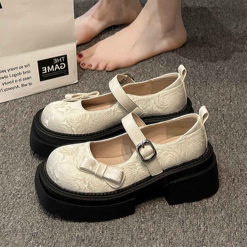 Mary Jane-zapatos de tacón medio con estampado aleatorio para mujer, sandalias poco profundas con plataforma, de marca, Lolita, 2024