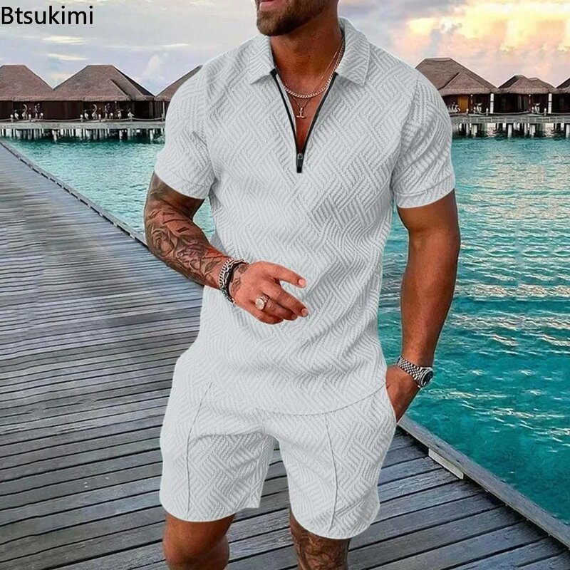 New 2024 Men's Polo Suit Fashion Men Sets Solid Summer V-neck Zipper Short Sleeve POLO Shirt+Shorts Two Pieces Men Casual Suit