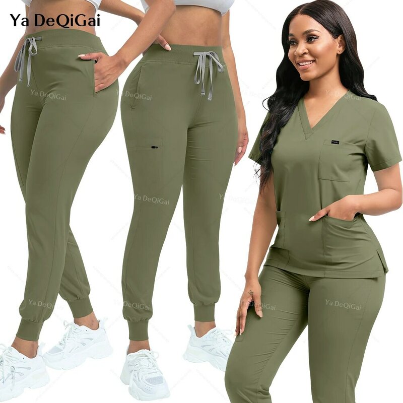 Conjunto de uniforme de enfermería para mujer, ropa de trabajo elástica a prueba de polvo, Top médico y pantalones de correr