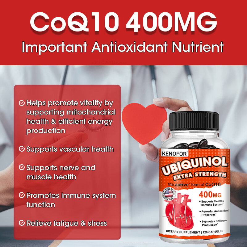 KENOFOR coenzima Q10 400 mg, Softgel antioxidante, excelente absorción, forma activa para el corazón, inmunidad y salud de la piel