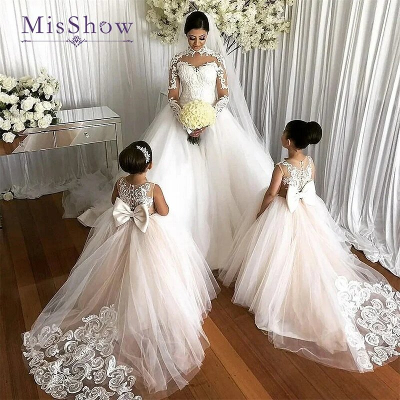 MisShow-vestidos de flores con lazo de encaje para niña, vestido de Baile de Princesa de cumpleaños, sin mangas, vestidos de primera comunión para boda