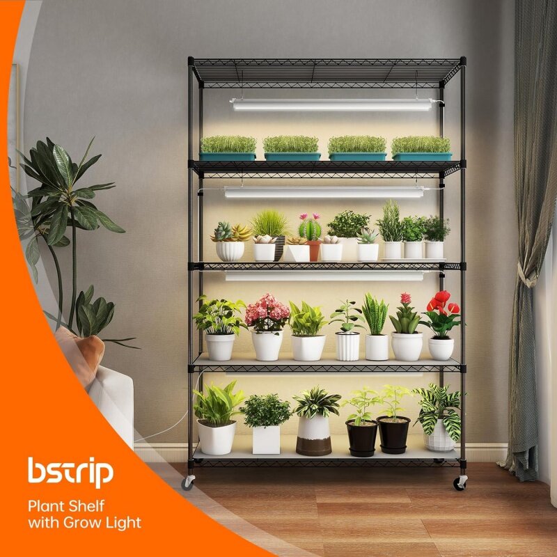 Étagère pour plantes avec lampes de culture, grand support haut à 5 niveaux, 3 pieds, lumière intérieure T5 144W, 3 modes complet