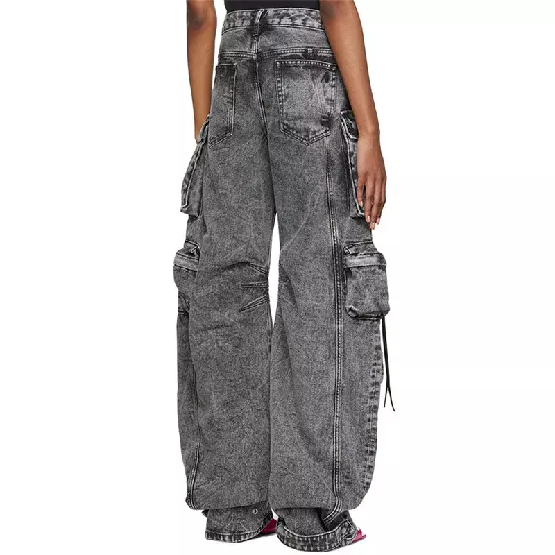 Pantalones informales con múltiples bolsillos para mujer, ropa de calle de Hip Hop con empalme gris ahumado, pantalones largos de pierna ancha, primavera y otoño, nuevos