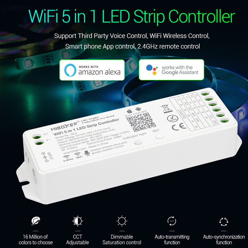 Miboxer-controlador LED WiFi 5 en 1, regulador de intensidad de tira actualizado para lámpara Led de un solo color, CCT, RGB, RGBW, RGB + CCT, WL5 2,4G 15A YL5