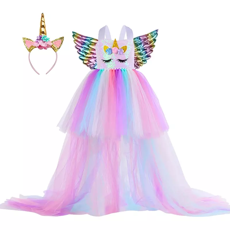 Vestito da unicorno per ragazze con coda lunga Fancy Girl Princess Unicorn Birthday Party Tutu Dresses abito da ballo Costume di Halloween per bambini