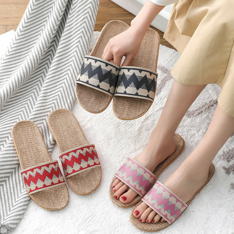 Casual Home Slippers Linen Sole Mixed Colors Fashion Comfort Flat Slippers Leisure Couples Indoor Open Toe Beach Women Shoes