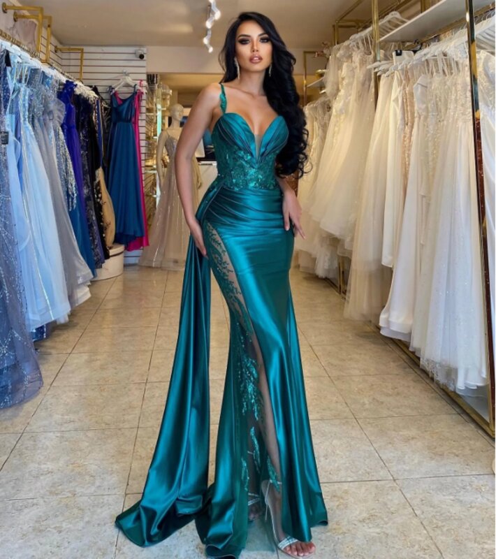 New Green Prom Dress Sweethear Neck Slip Strps Lace Appliques Mermaid Satin Formal Evening Dress Floor-Length 2024 Party Dress