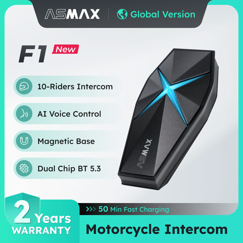 ASMAX F1 helm motor, headphone interkom jala untuk 10 pengendara berbicara, Bluetooth 5.3 & AI kontrol suara & IP67 tahan air
