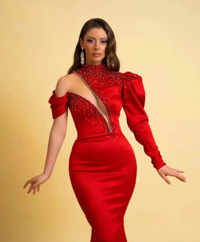Sexy de um ombro vestidos de lantejoulas sereia, vestidos de cetim simples, feitos sob medida, vestido para ocasiões formais, festa, baile, vermelho, 2024