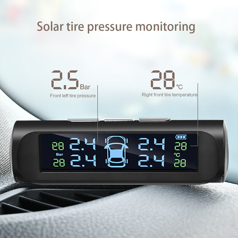 Sistema de monitoramento de pressão de pneus tpms, carregamento usb ou solar, display lcd digital hd, ferramenta de alarme automático, 4 sensores externos sem fio