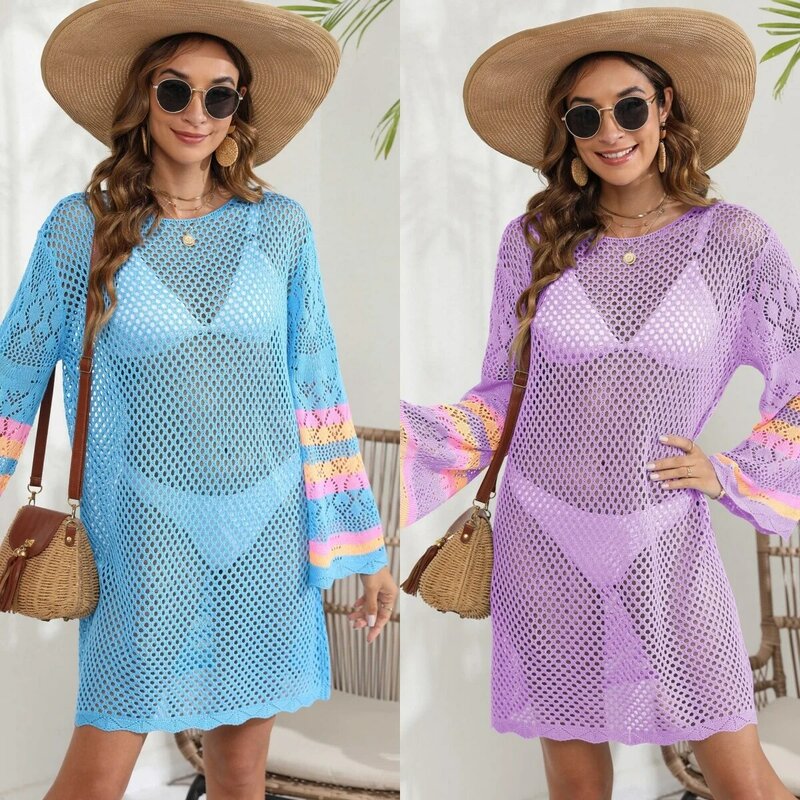 Women's beach vacation cover-up women's contrasting color stitching bikini top woven dress 2024 new style