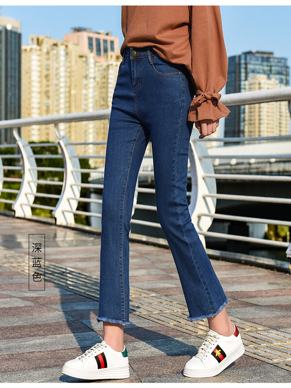 Jeans Berpinggang Tinggi Panjang Pergelangan Kaki Berlapis Bulu Biru Mode Baru Celana Panjang Denim Lim-Fit Kasual Wanita Celana Panjang Bel Antik Wanita