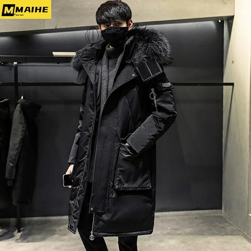 2023 Winter New Korean Men Parka Thicken Over The Knee Long Male Down Jacket Trendy Fashion Fur Collar Coat Streetwear