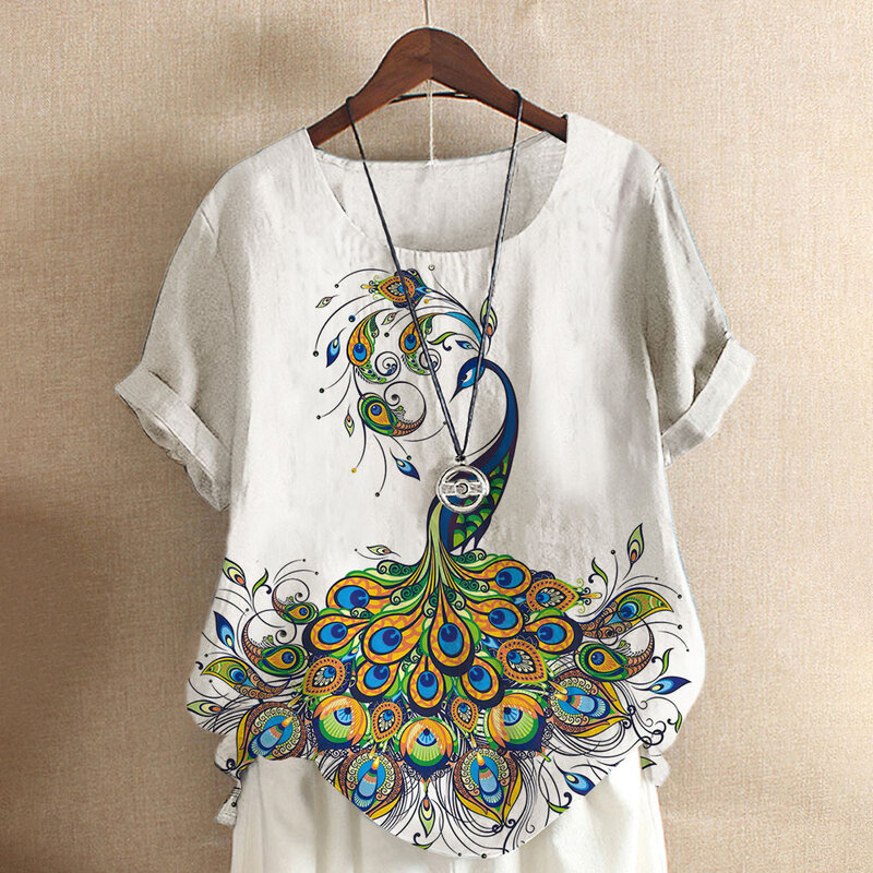 Camiseta de manga curta com gola redonda feminina pavão 3D, blusa de cor branca solta, blusa casual plus size, moda verão, nova