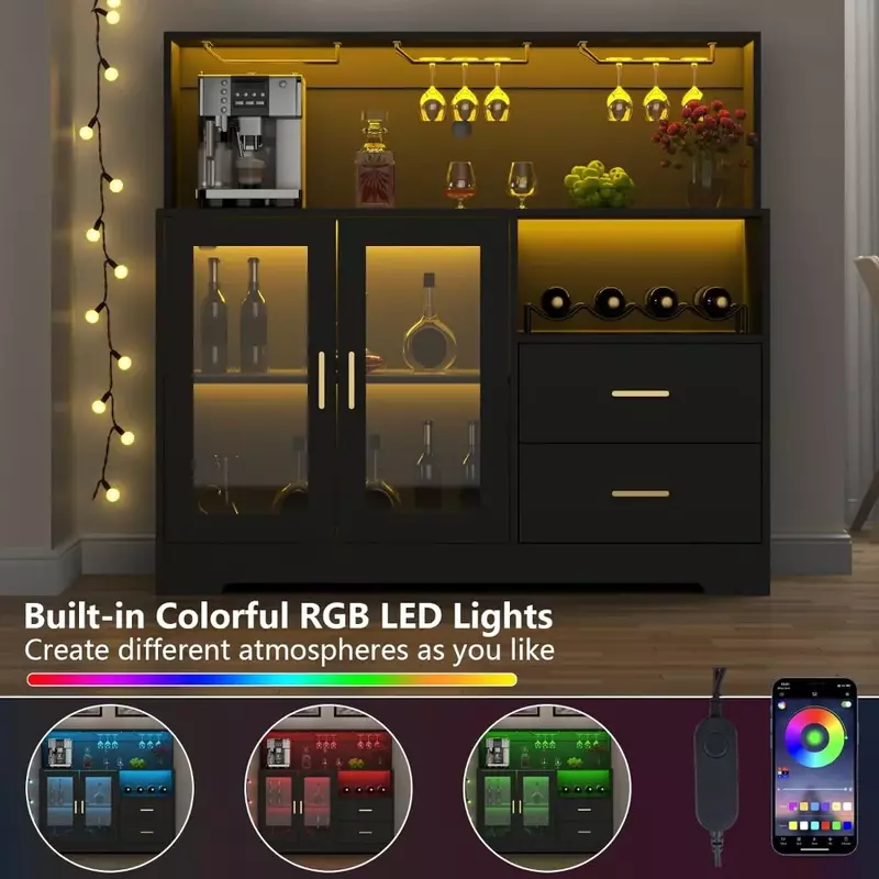Wine Bar Cabinet with LED Light, Home Wine Cabinet with Wine and Glass Rack, Modern Liquor Cabinet for Living Room Dining Room