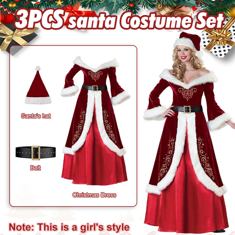 Kostum Santa Klaus Mewah Kostum Natal Pasangan Pakaian Santa Klaus Pria Wanita Kostum Natal Mewah Beludru Set Dewasa