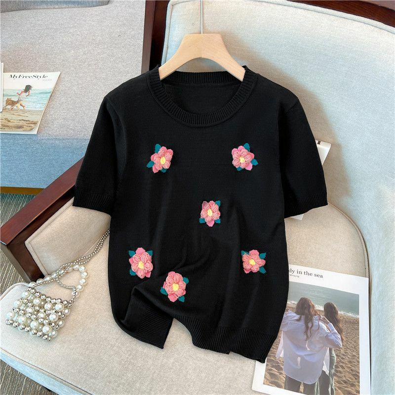 Camiseta casual com gola redonda feminina, monocromática, refrescante, elegante, solta, confortável, top de tricô de flores coreanas, verão, novo, 2022