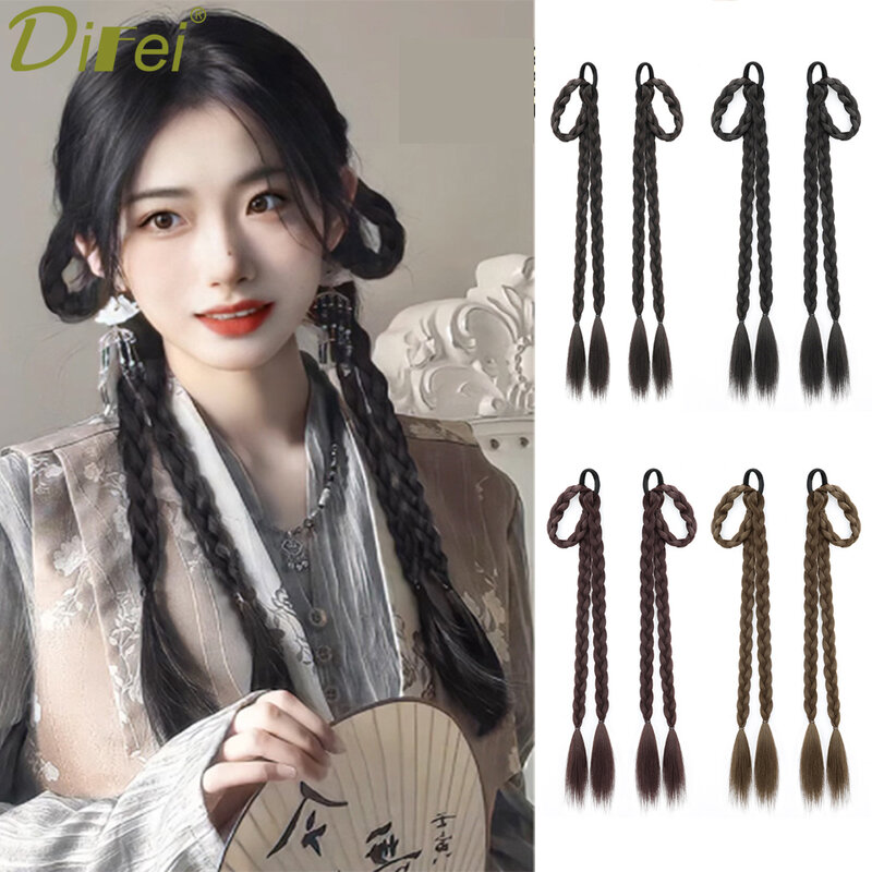 Synthetic Wig Braid Ponytail Female Natural Twist Long Braid Sweet Cool Braided Hair Hanging Ears Double Ponytail Boxing Braid