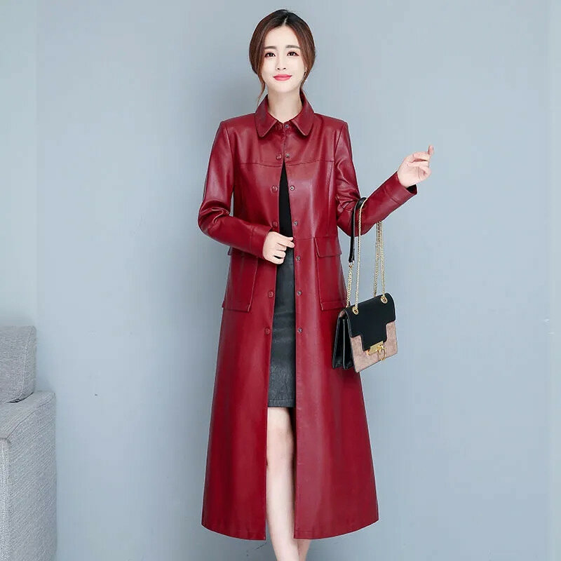 Женская кожаная куртка средней длины, облегающая модная ветровка из искусственной овечьей кожи на осень, 2022