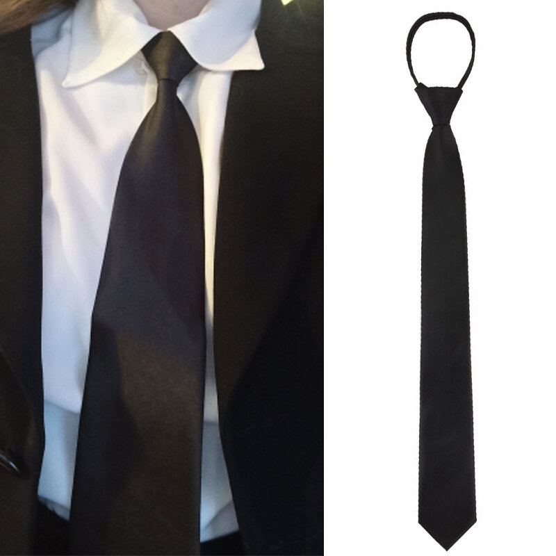 Cravate à fermeture éclair noire unisexe, cravate à col étroit et soyeux, nœud papillon lisse pour femmes, Style coréen Simple et élégant, cravate tendance assortie