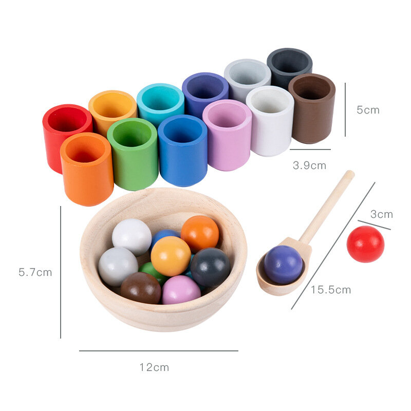 Детские деревянные чашки Монтессори для раннего развития, набор из 12 цветных шариков, классификация, соответствующие бусины, развивающие радужные игрушки для детей