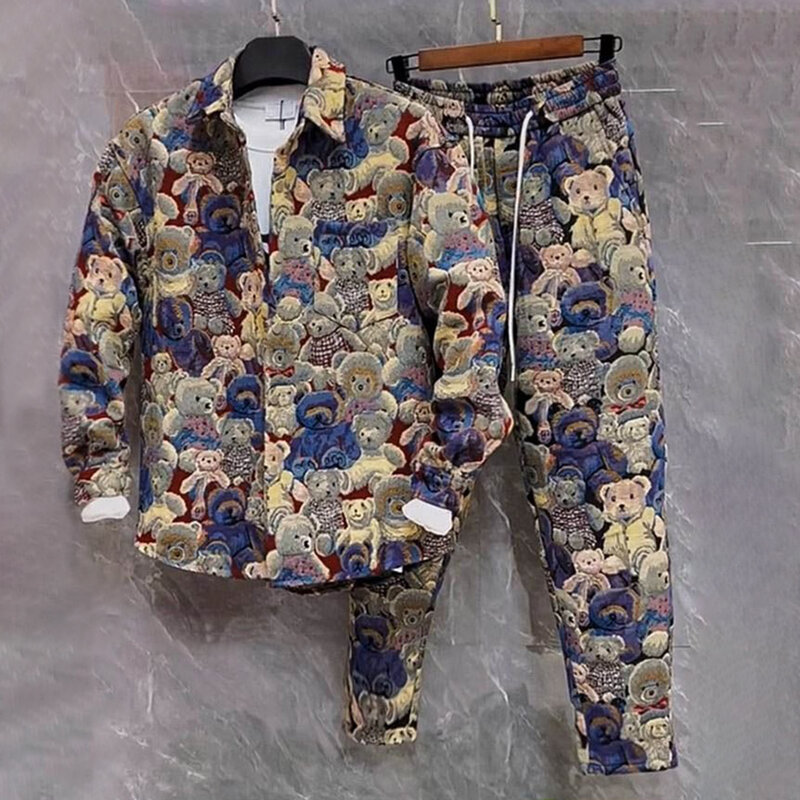 Autumn Bear Embroidered Long-Sleeved Mens Jacket + Street Leggings Men Suit Two-Piece Set Y2k Casual Casual Trendy Design Suit