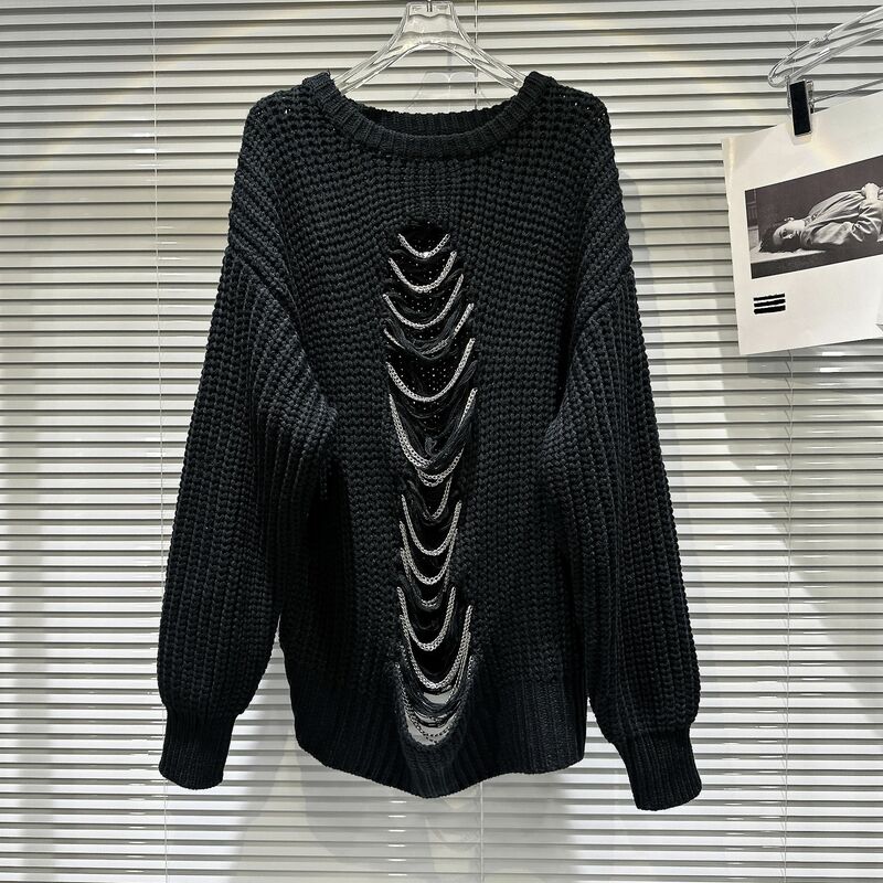 2023 New Autumn Fashion Women Black Sweaters Spice Girls Metal Chain Hole Coarse Yarn Loose Pullover Top Mid-long Casual Sweater
