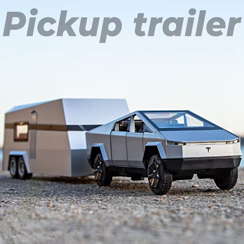 Modelo de coche de aleación Tesla Cybertruck para niños, vehículo todoterreno fundido a presión, modelo de coche de camión, luz de sonido, juguetes para niños, regalo con maleta, 1/32