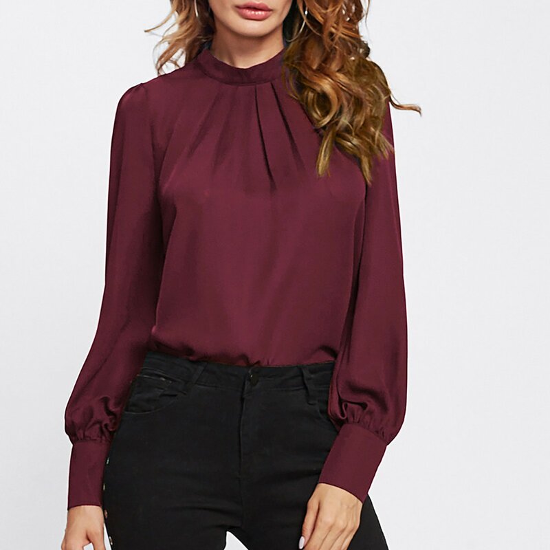 Blusa de manga larga plisada para mujer, camisa informal de cuello redondo, Color sólido, estilo Retro