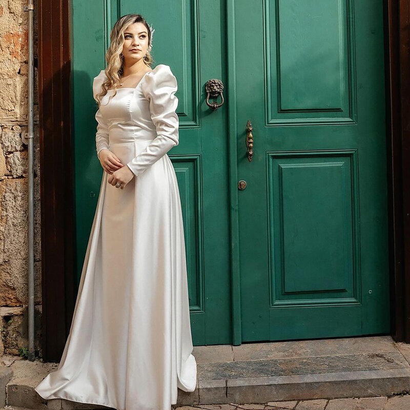 Простое Элегантное свадебное платье с квадратным вырезом и длинными рукавами-фонариками, блестящее атласное ТРАПЕЦИЕВИДНОЕ свадебное платье на заказ с закрытой спиной и встроенными чашками
