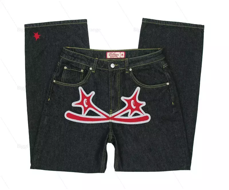 Pantalones vaqueros con estampado de Doble Estrella para mujer, ropa de calle gótica, holgada, color negro, Y2K