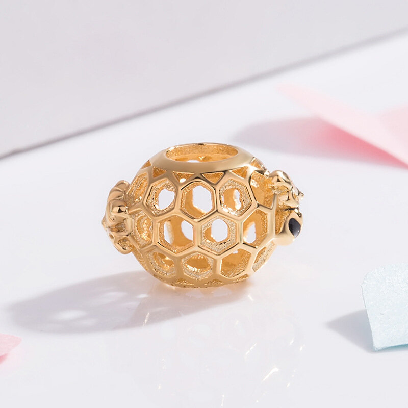 Oryginalna 925 Sterling Silver Charm czarna emalia złota ażurowa połysk Honeybee koraliki Fit bransoletka Pandora i naszyjnik biżuteria