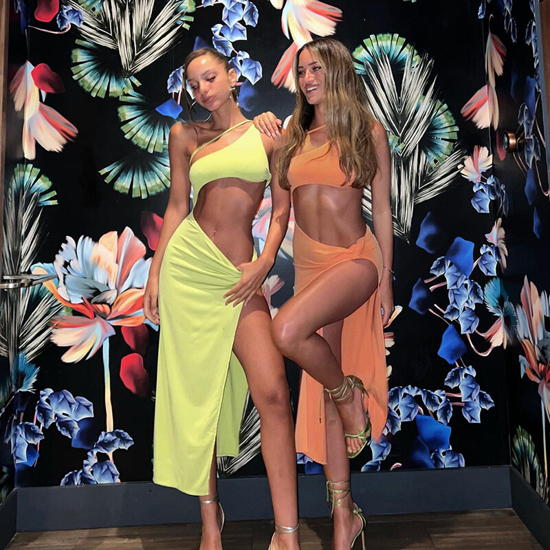 Cut Out Green Bodycon Midi Dress Split Y2K Women Backless Sexy 2022 Summer Beach Dresses Party Club abiti senza maniche 21814