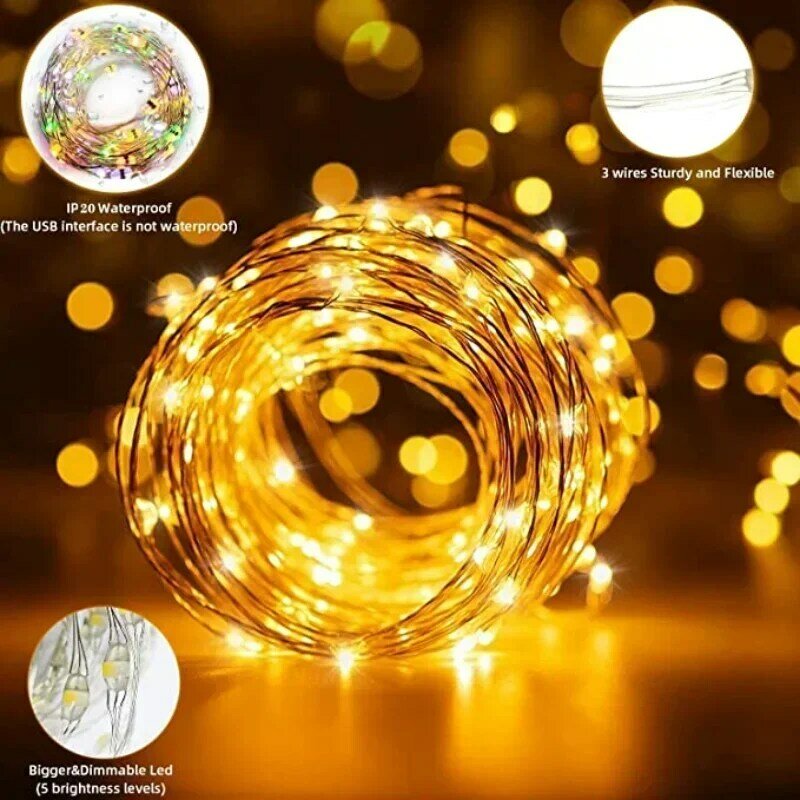 5/10m luzes da corda usb 8 modos luzes de fadas fio de cobre led luzes da corda para o casamento de natal ano novo guirlanda decorações