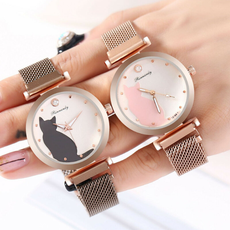 Hot Koop Fashion Leuke Kat Horloge Vrouwen Horloges Magneet Mesh Band Quartz Horloges Dames Reloj De Mujer Montre Femme 2023