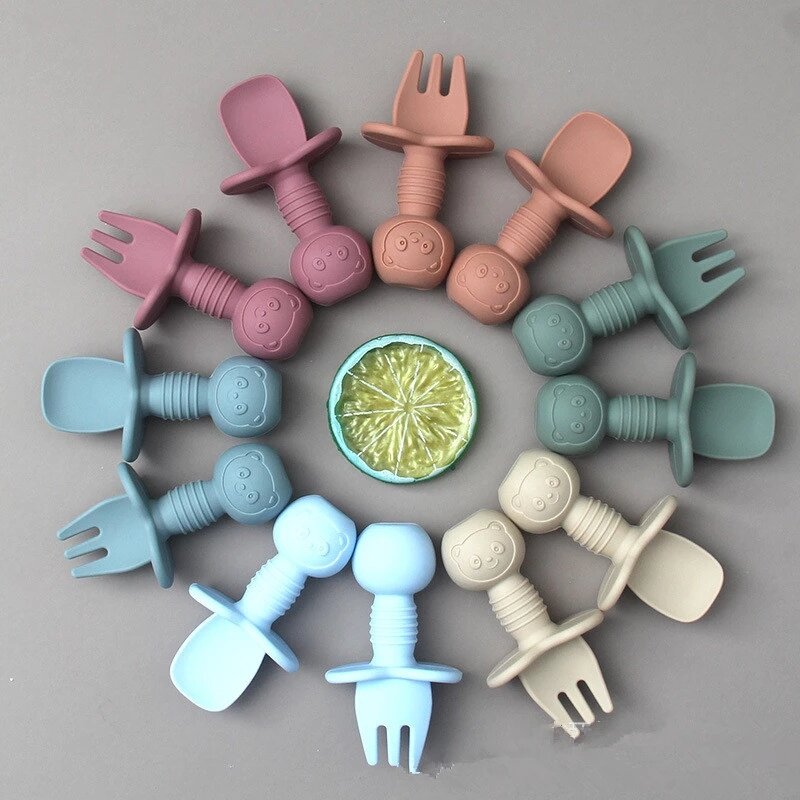 Silicone Baby Fork and Spoon Set BPA Free Toddler First Training Self Feeding Utensils Set Baby Led Weaning Utensils