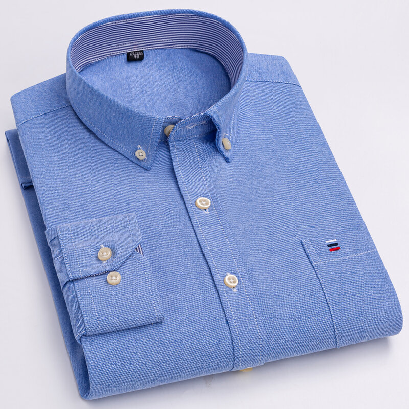 Chemise Oxford à carreaux à manches longues pour hommes, 100% coton, poche poitrine plaquée sur le devant, rayé boutonné, chemises décontractées polyvalentes