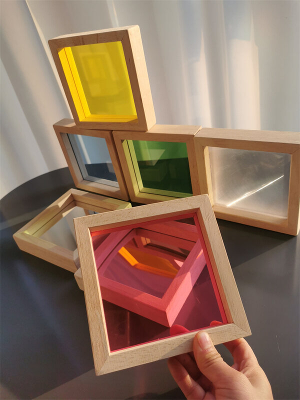 Juguete de madera Montessori sensorial para niños, bloques de espejo de arcoíris, madera maciza de goma, apilador de construcción acrílico, juego educativo